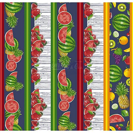 Tricoline Estampado Barrado Salada de Frutas - Cor-04 (Marinho), 100% Algodão, Unid. 50cm x 1,50mt