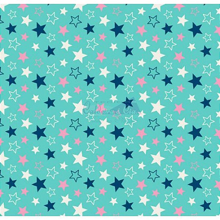 Tricoline Estrelas Star - Cor-17 (Tiffany), 100% Algodão, Unid. 50cm x 1,50mt