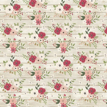 Tricoline Floral na Madeira Marfim 100%Algodão, 50cm x 1,50m