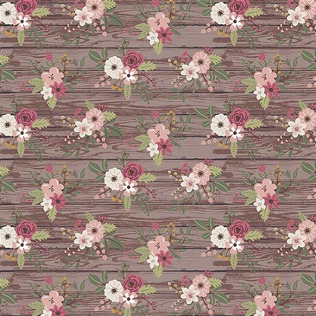 Tricoline Floral na Madeira Imbuia 100%Algodão, 50cm x 1,50m