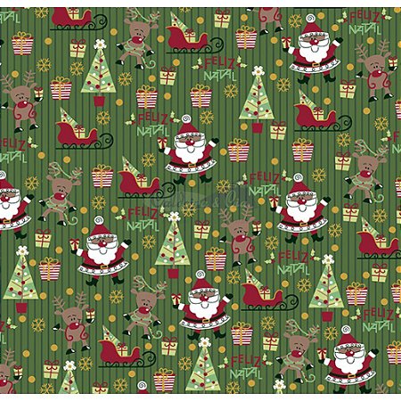 Tricoline Estampado Natal Papai Noel (Verde), 100% Algodão, Unid. 50cm x 1,50mt