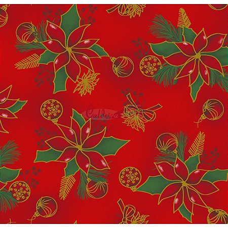 Tricoline Natal Floral com Bolas (Vermelho), 100% Algodão, Unid. 50cm x 1,50mt