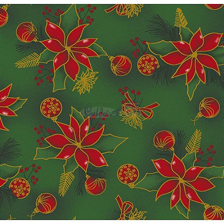 Tricoline Natal Floral com Bolas (Verde), 100% Algodão, Unid. 50cm x 1,50mt