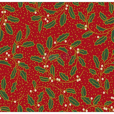 Tricoline Natal Ramos com Folhas (Vermelho), 100% Algodão, Unid. 50cm x 1,50mt