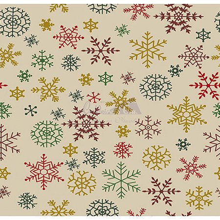 Tricoline Estampado Natal Flocos (Bege), 100% Algodão, Unid. 50cm x 1,50mt