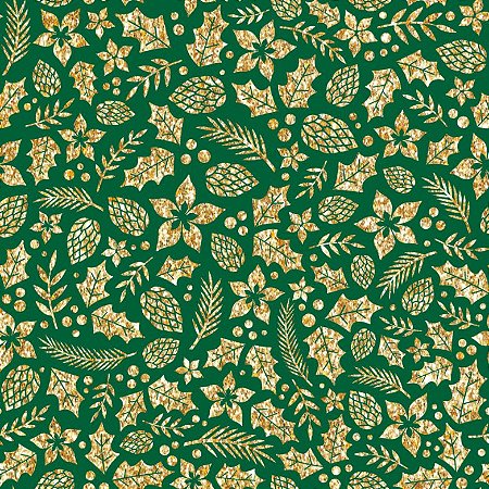 Tricoline Natal Folhagens Douradas F Verde, 50cm x 1,50mt