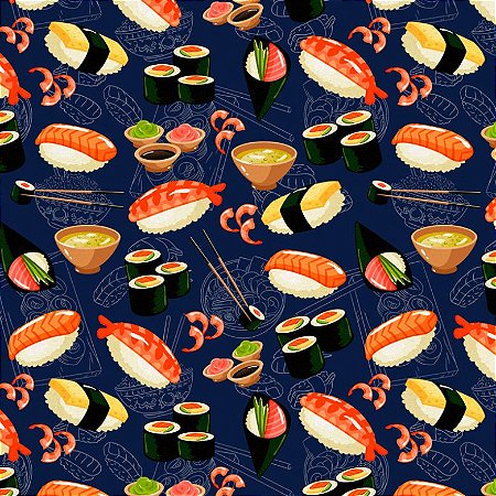 Tricoline Digital Sushi F. Azul, 100% Algodão, 50cm x 1,50mt