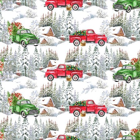 Tricoline Digital Natal Carros na Neve 100%Alg, 50cm x 1,50m