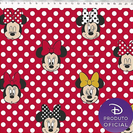 Tricoline Personagem Minnie com Poá Vermelho , 100% Algodão, Unid. 50cm x 1,50mt