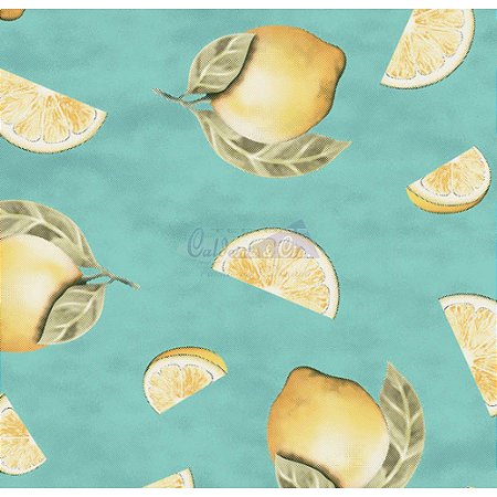 Tricoline Estampado Limão Fatiado - Cor-02 (Tiffany), 100% Algodão, Unid. 50cm x 1,50mt