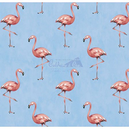 Tricoline Estampado Flamingo - Cor-05 (Azul Claro), 100% Algodão, Unid. 50cm x 1,50mt