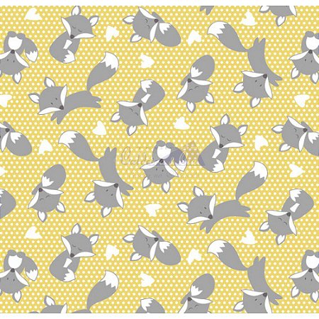 Tricoline Estampado Raposa - Cor-06 (Amarelo com Cinza), 100% Algodão, Unid. 50cm x 1,50mt