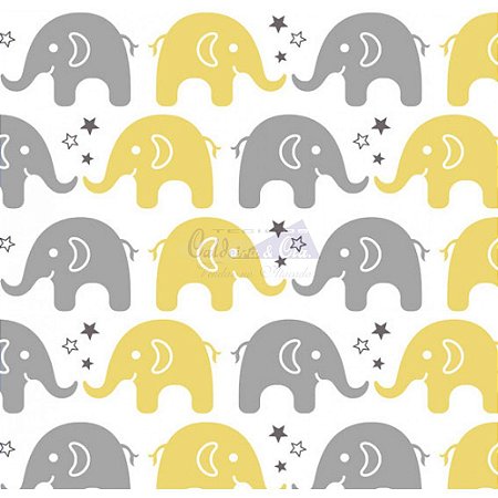 Tricoline Estampado  Elefante Maya - Cor-06 (Amarelo com Cinza), 100% Algodão, Unid. 50cm x 1,50mt