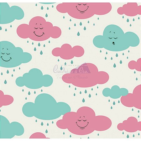 Tricoline Estampado Nuvem Cloud - Cor-05 (Tiffany com Pink), 100% Algodão, Unid. 50cm x 1,50mt