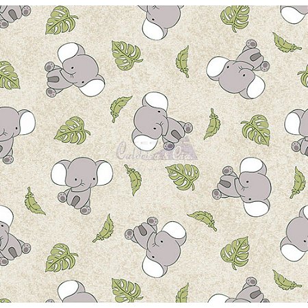 Tricoline Elefantes (Bege), 100% Algodão, Unid. 50cm x 1,50mt