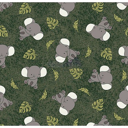 Tricoline Elefantes (Verde Musgo), 100% Algodão, Unid. 50cm x 1,50mt