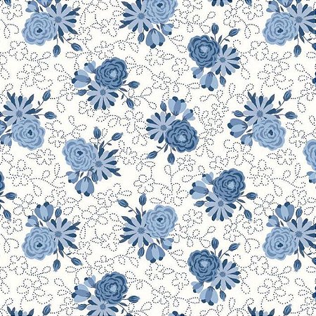 Tricoline Felicidade em Flores Pequeno Azul, 50cm x 1,50mt