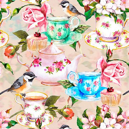 Tricoline Digital Chá com Pássaros 100% Algodão 50cm x 1,50m