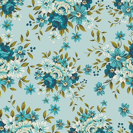 Tricoline Floral Espanha Petróleo, 100% Algodão 50cm x 1,50m