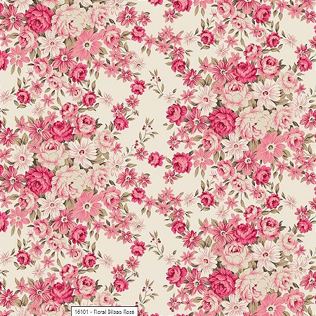 Tricoline Floral Bilbao Rosé, 100% Algodão, 50cm x 1,50mt