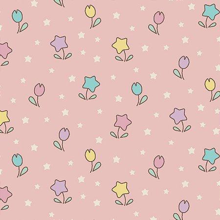 Tricoline Flor Estrelinha Kawaii Rosa, 100%Alg, 50cm x 1,50m