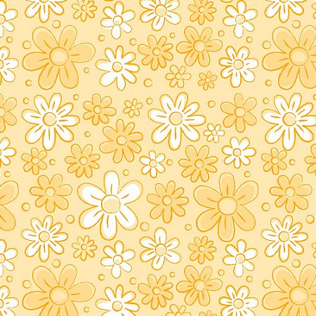 Tricoline Floral Doodle Manteiga, 100% Algodão, 50cm x 1,50m