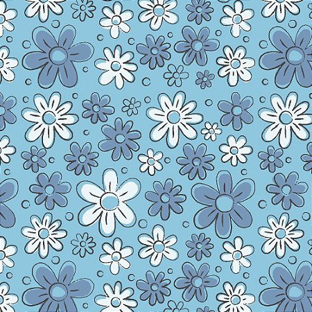 Tricoline Floral Doodle Jeans, 100% Algodão, 50cm x 1,50mt