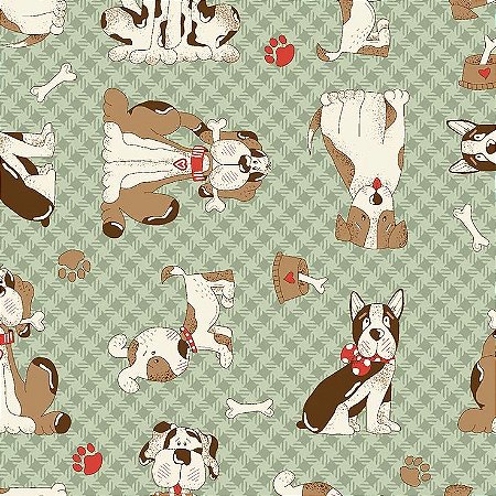 Tricoline Mini Cachorros Fundo Verde, 100% Alg, 50cm x 1,50m