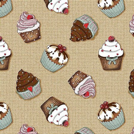 Tricoline Digital Cupcake Fundo Bege, 100% Alg 50cm x 1,50mt