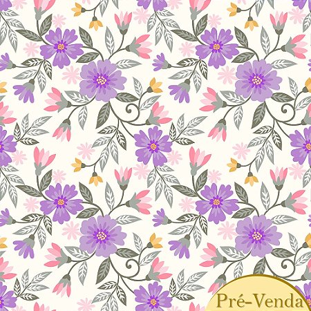 Tecido Tricoline Lavender Blossom, 100% Algod, 50cm x 1,50mt