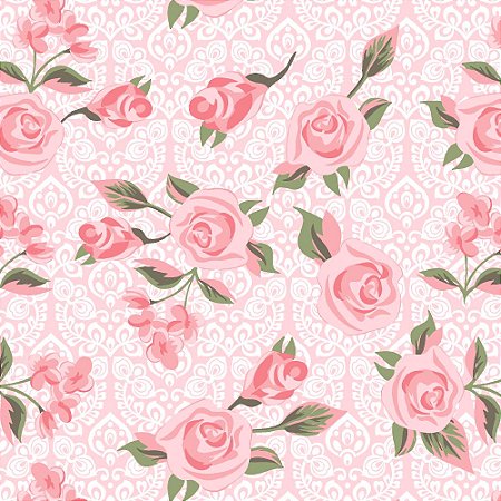 Tricoline Arabescos e Rosas Rosa, 100%Algodão, 50cm x 1,50mt