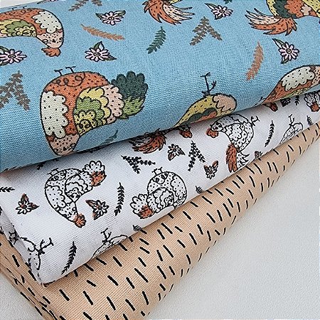 Kit Tricoline Galinhas com Pintinhas, 3 Cortes 50cm x 70cm
