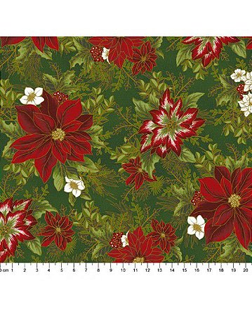 Tricoline Floral Natal 31 Verde 100% Algodão 50cm x 1,50mt