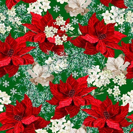 Tricoline Digital Natal Floral, 100% Algodão, 50cm x 1,50mt