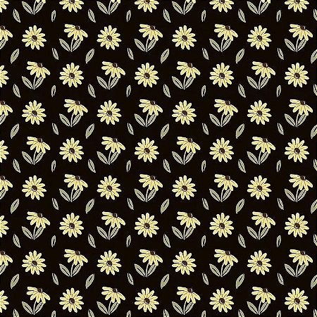 Tricoline Floral Fazendinha Preto 100% Algodão, 50cm x 1,50m
