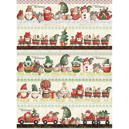 Tricoline Digital Barrado Natal Gnomos, 50cm x 1,50mt