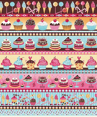 Tecido Tricoline Barrado Bolos e Cupcakes, 50cm x 1,50mt