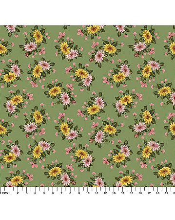 Tricoline Floral Dalila (Verde) 100% Algodão 50cm x 1,50mt