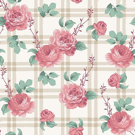 Tricoline Floral Rosa com Xadrez, 100% Algodão, 50cm x 1,50m