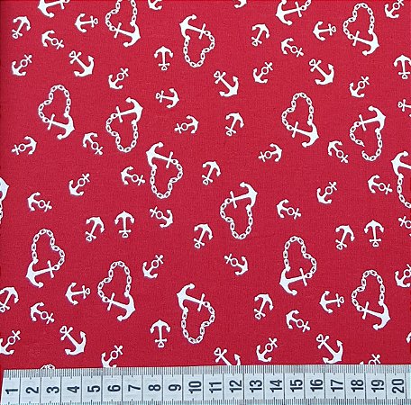 Tricoline Peri Âncoras Vermelho 100% Algodão 50cm x 1,50mt.