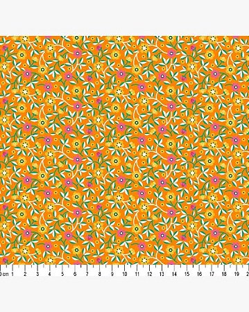 Tricoline Floral Kelly (Laranja) 100%  Algodão 50cm x 1,50mt