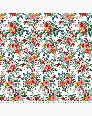 Tricoline Floral Eliza (Branco) 100%  Algodão 50cm x 1,50mt