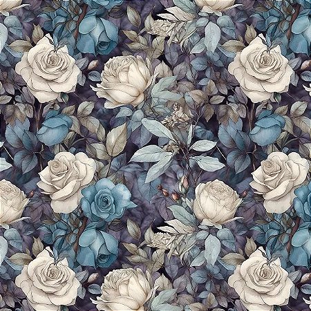 Tricoline Digital Flor Vintage Blue 03, 100%Alg 50cm x 1,50m