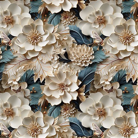 Tricoline Digital Floral 3D Pérola 100%Algodão 50cm x 1,50mt