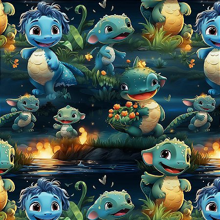 Tricoline Digital Dinos Alegres, 100% Algodão 50cm x 1,50mt