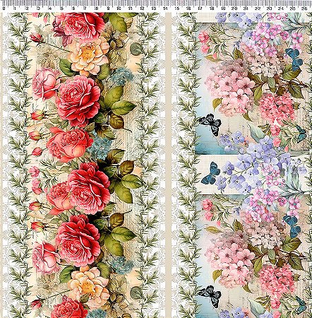 Tecido Tricoline Digital Floral com Borboletas 50cm x 1,50mt