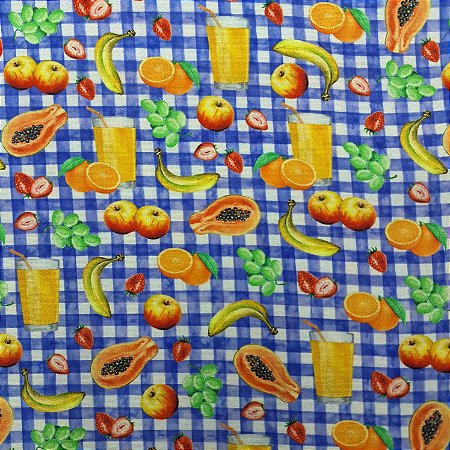 Tecido Tricoline Digital Xadrez Azul com Frutas 50cm x 1,50m