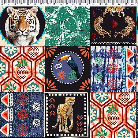 Tecido Tricoline Digital Patch Tigre, 100%Alg. 50cm x 1,50mt