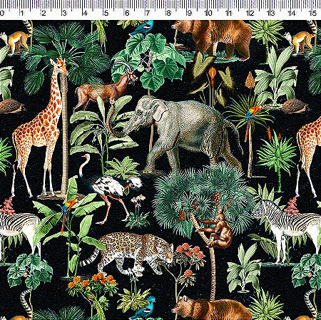 Tecido Tricoline Digital Animais Fundo Preto, 50cm x 1,50m