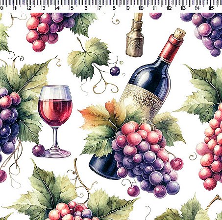 Tecido Tricoline Digital Uvas e Vinhos, 100%Alg 50cm x 1,50m